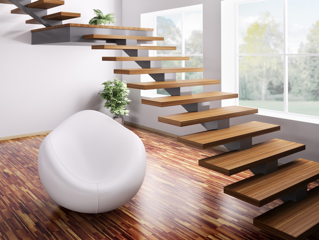 Escalier autoportant en 3D dans un intérieur design.